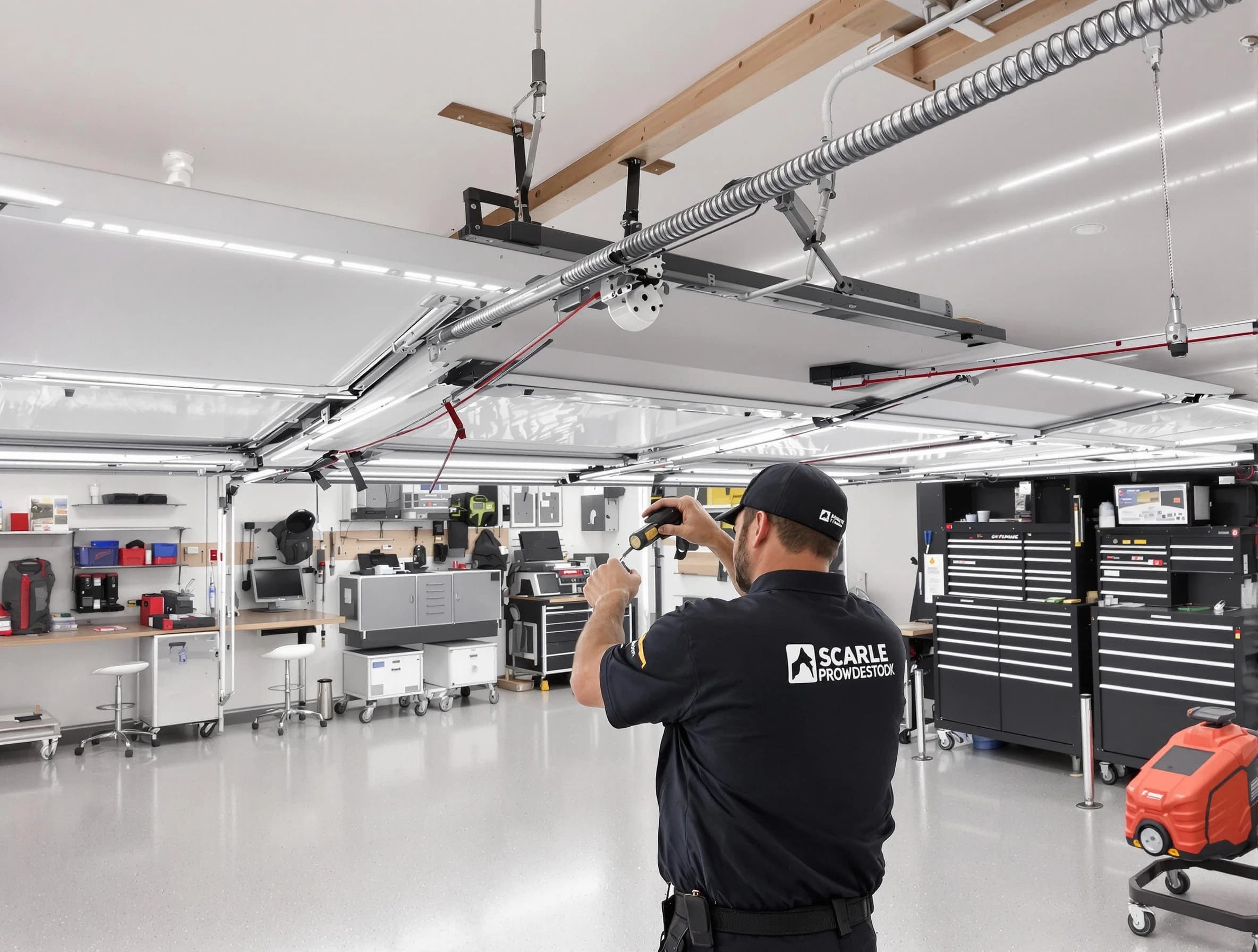 Port Charlotte Garage Door Repair technician repairing overhead garage door in Port Charlotte